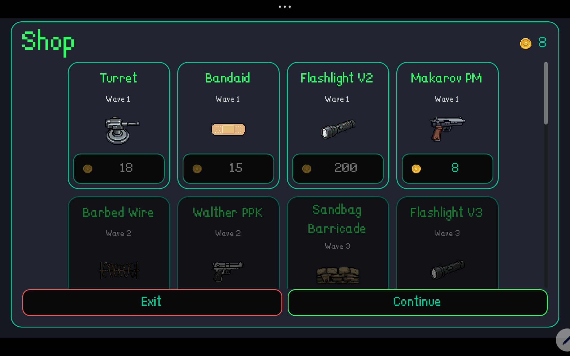 Tienda del juego con armas, defensas y mejoras